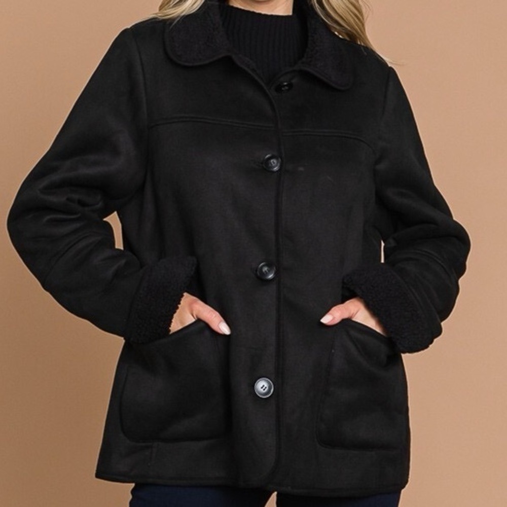 Black Faux Suede Jacket with Faux Fur Lining - Picture 3 of 6